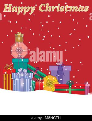Una illustrazione vettoriale in formato eps 10 formato di un messaggio di saluto di Natale carta con regali avvolti in neve su uno sfondo rosso Illustrazione Vettoriale