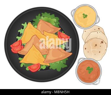 Una illustrazione vettoriale in formato eps formato 10 di una piastra scuro con samosa spuntini lattuga e pomodoro e alcune salse piccanti con pane chapatti Illustrazione Vettoriale