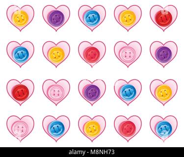 Una illustrazione vettoriale in formato eps formato 10 di un abstract greeting card design con cuori e pulsanti colrful su sfondo bianco Illustrazione Vettoriale