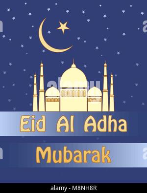 Una illustrazione vettoriale in formato eps 10 formato dell'Eid Al Adha festival di sacrificio biglietto di auguri con golden moschea e stelle su uno sfondo blu Illustrazione Vettoriale