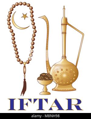 Una illustrazione vettoriale in formato eps formato 10 di un Iftar invito alla festa con caraffa islamica date i grani di preghiera e di mezzaluna simbolo su sfondo bianco Illustrazione Vettoriale