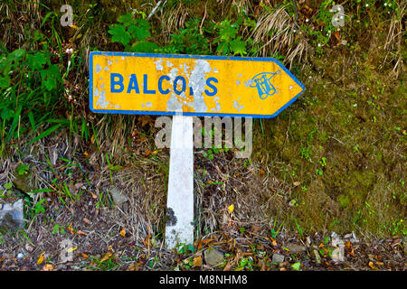 Escursioni lungo i canali di irrigazione (storico sistema di approvvigionamento di acqua, noto come Levada) nella foresta pluviale su isola di Madeira, Portogallo. Sulla strada per Balcoes viewpo Foto Stock