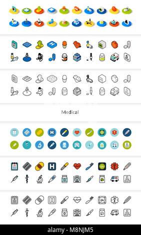 Set di icone in stile differente - isometrica e piatto otline, colorate e le versioni di colore nero Illustrazione Vettoriale
