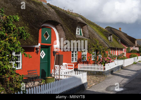 Riga del dipinto di rosso cottage con il tetto di paglia, tipiche case danese in Nordby, isola di Fanoe, nello Jutland, Danimarca e Scandinavia Foto Stock