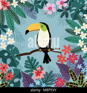 Estate sfondo tropicale. Toucan bird con palm e foglie di monstera, hibiscus e plumeria fiori. Magazzino illustrazioni vettoriali, design piatto. Illustrazione Vettoriale