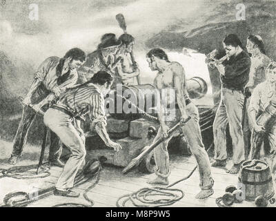 Inglese Gunners in azione, la Battaglia di Trafalgar, 21 Ottobre 1805 Foto Stock