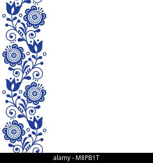 Scandinavian greeting card design, arte popolare vettore Retrò design, ornamento con fiori in blu navy - striscia verticale o di frontiera Illustrazione Vettoriale