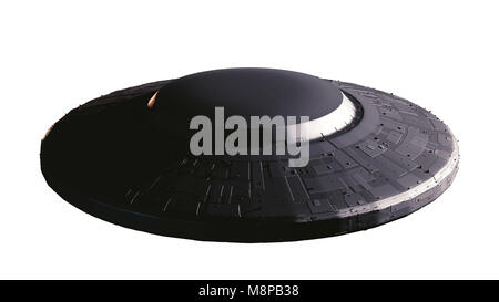 UFO, astronave extraterrestre con alien visitatori, Flying Saucer dallo spazio esterno (3d science fiction illustrazione isolati su sfondo bianco) Foto Stock