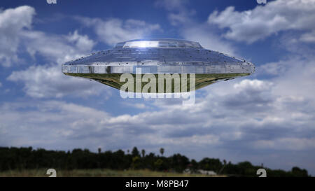 UFO, science fiction scena con straniero astronave, i visitatori extraterrestri in Flying Saucer (spazio 3d'illustrazione) Foto Stock