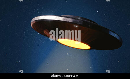 UFO, astronave aliena con il fascio di luce nel cielo notturno, Flying Saucer con stella blu sullo sfondo (3d'illustrazione) Foto Stock