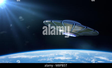 UFO, straniero astronave in orbita del pianeta Terra, i visitatori extraterrestri dallo spazio esterno in Flying Saucer (3d di fantascienza, il rendering di elementi Foto Stock