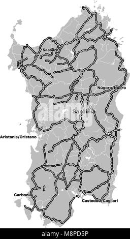Sardegna mappa di contorno con importanti vie. Vecor Artmap per Travel Marketing e istruzione Illustrazione Vettoriale