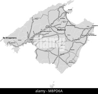 Mallorca Island mappa vettoriale. Autostrade e strade di città su sfondo grigio. Illustrazione Vettoriale