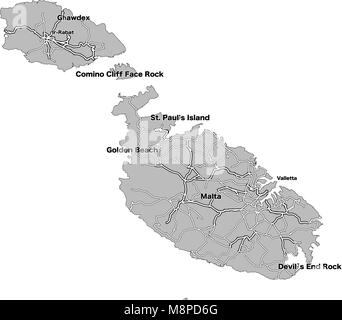 Isola di Malta mappa vettoriale. Autostrade e città su sfondo grigio. Illustrazione Vettoriale