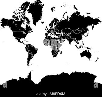 Mappa mondo versione vettoriale su sfondo quadratica. Politica Versione in bianco e nero Illustrazione Vettoriale