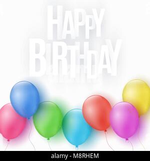 Festa multicolore palloncini su uno sfondo bianco. Buon compleanno. Biglietto di auguri. Carta 3d'iscrizione. Caotica lettere in bianco. Illustrazione Vettoriale. Illustrazione Vettoriale