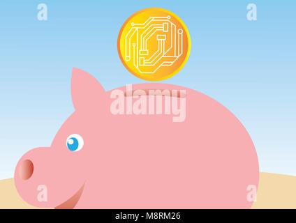 Illustrazione Vettoriale di felice salvadanaio salvataggio cryptocurrency benefici. Illustrazione Vettoriale