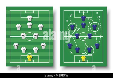 Calcio formazione e tattica . Set di vista dall'alto di un campo da calcio e i giocatori con maglia bianca su sfondo isolata . Vettore per il mondo internazionale Illustrazione Vettoriale