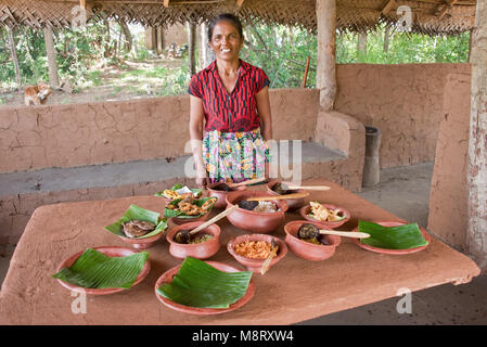 Un locale accogliente dello Sri Lanka che pongono la donna con le tradizionali dello Sri Lanka il cibo che ha appena preparato a casa sua, una piccola fattoria appena fuori di Sigiriya. Foto Stock