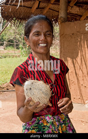 Un locale accogliente dello Sri Lanka donna che mostra la noce di cocco che ha appena tagliato la lolla fuori a casa sua - una piccola fattoria appena fuori di Sigiriya. Foto Stock