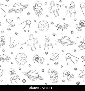 Vector seamless pattern con i cosmonauti, satelliti, razzi, pianeti, luna e stelle cadenti e UFO contorni. Fondo cosmico per istruzione e scienc Illustrazione Vettoriale