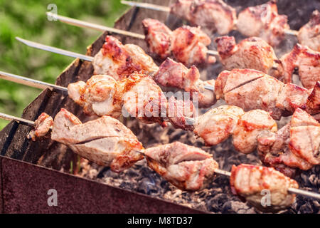 Fresco antipasto succosa carne di maiale spiedini di carne su spiedini al giorno di estate Foto Stock