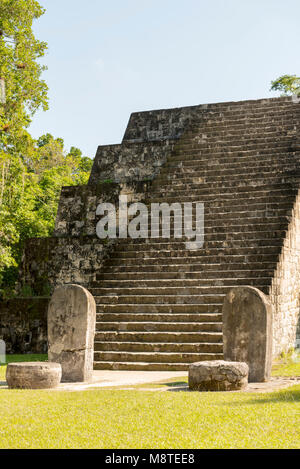 Piramide e stele in complesso Q area delle rovine maya di Tikal, Guatemala Foto Stock