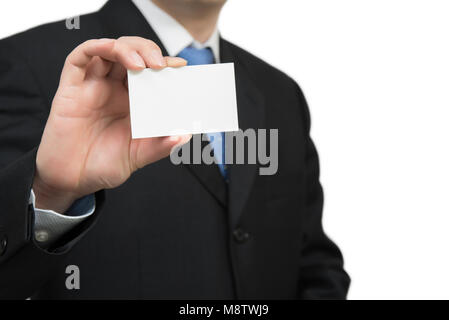 Man mano che mostra business card - closeup shot su sfondo bianco. Foto Stock