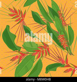 Ramo heliconia tropicale fiore foglie sfondo senza giunture. Acquerello disegno realistico a schermo piatto a colori e stile. isolato su sfondo bianco Illustrazione Vettoriale