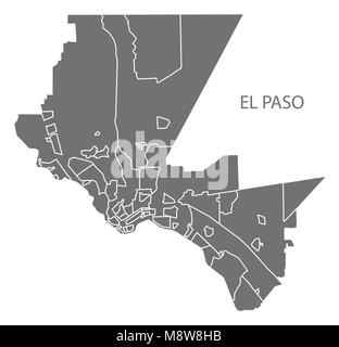 El Paso Texas mappa della città con i quartieri grigio illustrazione forma silhouette Illustrazione Vettoriale