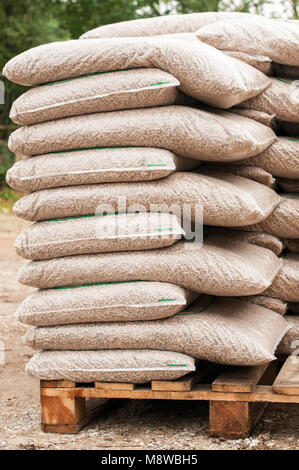 Biomassa di legno formata in pellet in sacchetti di plastica Foto Stock