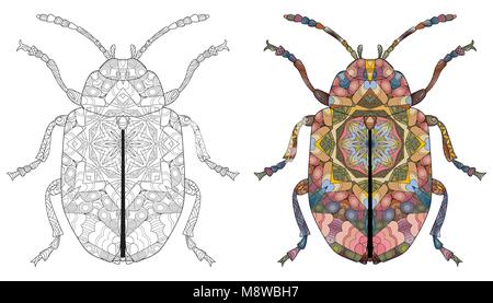 Beetle zentangle stilizzato per T-shirt design, tattoo e altre decorazioni. Bug per colorare e dipinto di campione Illustrazione Vettoriale