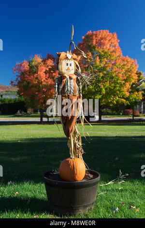 Potted spaventapasseri Halloween ornamento in un parco, Upstate New York, Stati Uniti d'America. Foto Stock