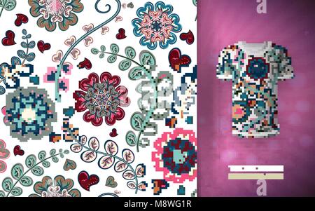 Seamless floral background. Fiori di fantasia pattern, utilizzato su t-shirt mock up. Design per la stampa, la carta da parati, tessile. Illustrazione Vettoriale. Illustrazione Vettoriale