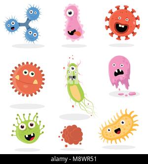 Carino, batteri, virus, cartoon di germe di set di caratteri Illustrazione Vettoriale
