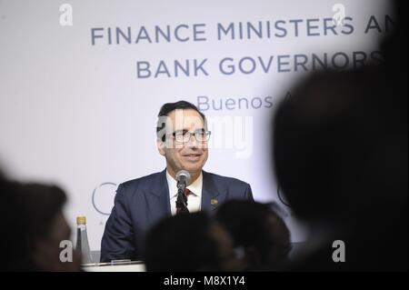 Buenos Aires, Argentina. 20 Mar, 2018. Il segretario del Tesoro degli Stati Uniti Steven Mnuchin tiene una conferenza stampa durante la seconda G20 dei ministri delle Finanze e i governatori della Banca centrale. Credito: Patricio Murphy/ZUMA filo/Alamy Live News Foto Stock