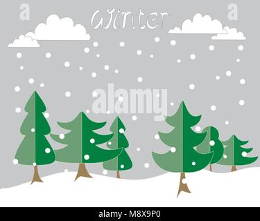 Una illustrazione vettoriale in formato eps 8 formato di un inverno sfondo biglietto di auguri con abstract abeti e il bianco della neve invernale di nuvole con i fiocchi di neve Illustrazione Vettoriale