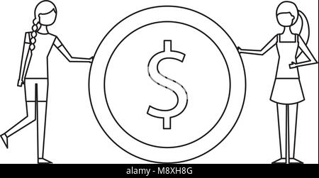 Due giovani donna azienda grande dollaro valuta Moneta Illustrazione Vettoriale