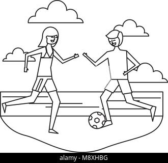 Giovane cartoon giocando in spiaggia con pallone da calcio Illustrazione Vettoriale