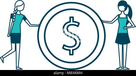 Due giovani donna azienda grande dollaro valuta Moneta Illustrazione Vettoriale
