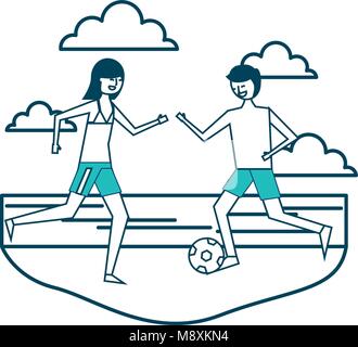 Giovane cartoon giocando in spiaggia con pallone da calcio Illustrazione Vettoriale