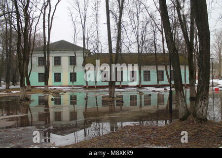 In stile retrò green building con griglia su windows si riflette in una profonda pozza nel secolare parco Foto Stock