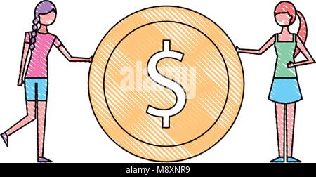 Due giovani donna azienda grande dollaro valuta Moneta Illustrazione Vettoriale