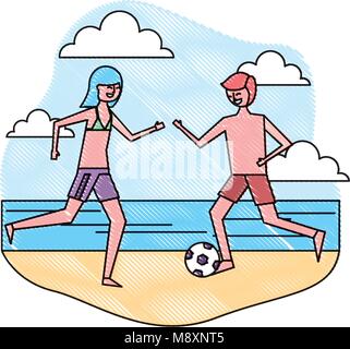 Giovane cartoon giocando in spiaggia con pallone da calcio Illustrazione Vettoriale