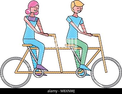 Carino coppia felice di equitazione in bici in tandem ricreazione Illustrazione Vettoriale