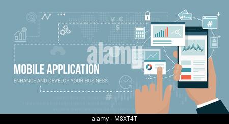 App finanziario, le icone e le interfacce utente su uno smartphone la connessione online, banner di vettore Illustrazione Vettoriale