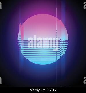 Retrò anni ottanta neon incandescente sun glitch effetto. Illustrazione Vettoriale Illustrazione Vettoriale