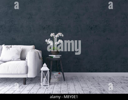 Rustica sala con divano, candelabro, orchidea, vecchio sgabello e muro nero 3D render Foto Stock