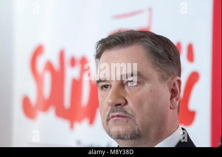 Piotr Duda, presidente di Niezalezny Samorzadny Zwiazek Zawodowy Solidarnosc NSZZ Solidarnosc (Indipendente autonoma sindacato Solidarietà) in Gd Foto Stock