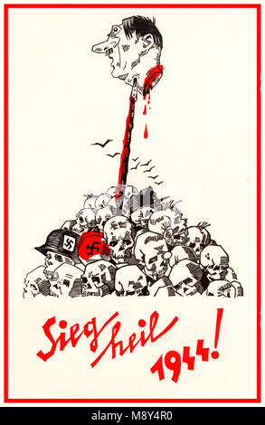 1944 Adolf Hitler cartoon testa sul picchetto Vintage poster di propaganda durante la Seconda Guerra Mondiale Anti propaganda nazista poster Sieg tacco Foto Stock